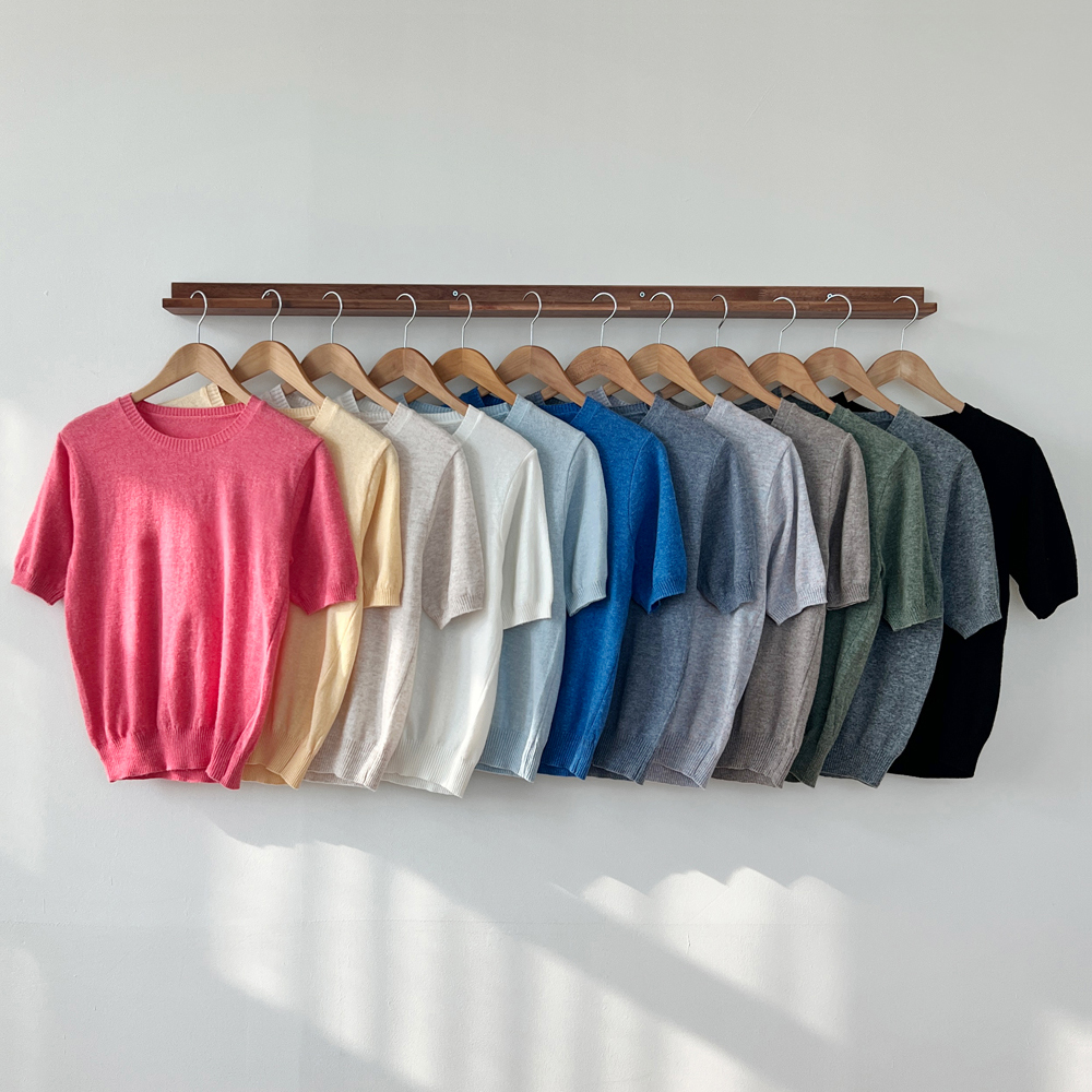 부드러운 캐시미어 라이크 루즈핏 여자 반팔 니트티 라운드 브이넥 니트 여성 여름니트