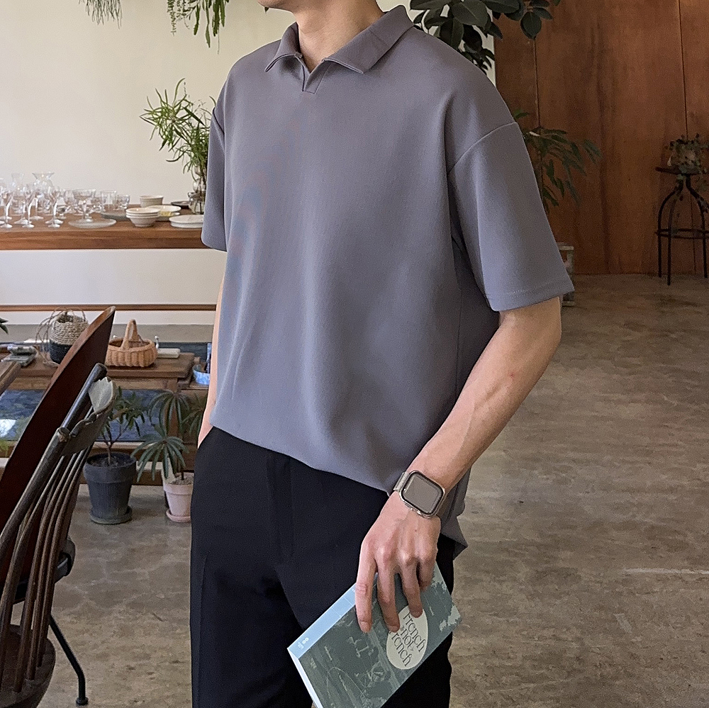 남자 반팔티 오버핏 구김없는 헨리넥 단추 반팔 남성 카라티 - 상세 이미지 4