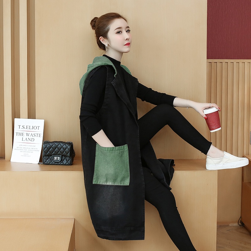 여성 빅사이즈 롱 후드 조끼 봄 여름 가을 청 데님 캐주얼 오버핏 : Chene