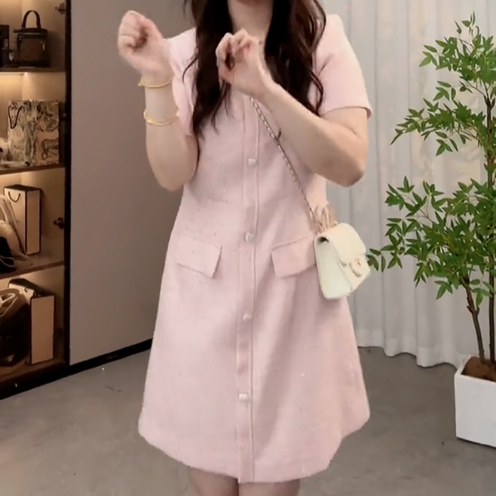 반팔 빅사이즈 원피스 하객룩 여름 데이트 러블리 청순 핑크색 정장 - 상품 이미지
