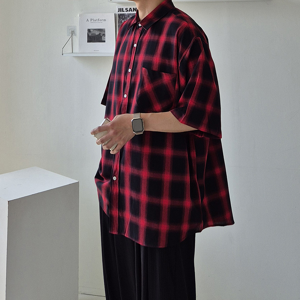 남자 오버핏 체크 여름 커플 남방 남자반팔셔츠 남성셔츠 - 상품 이미지
