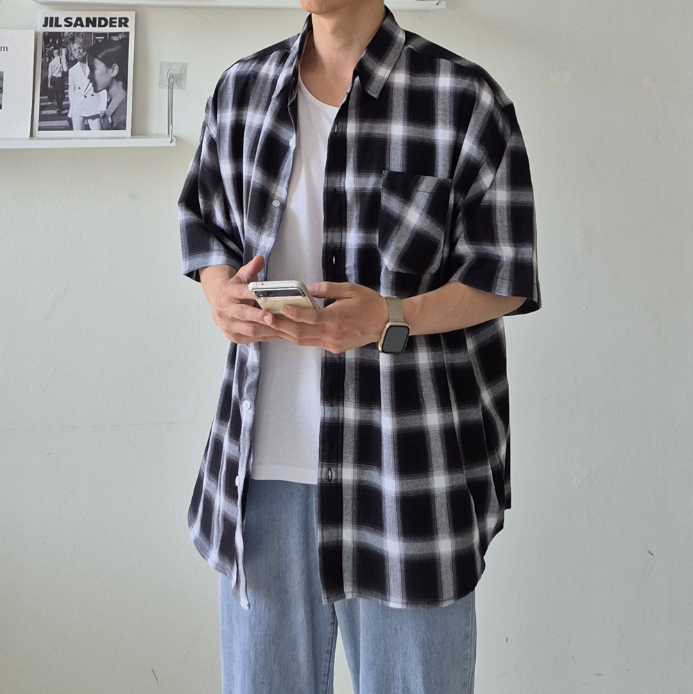 남자 오버핏 체크 여름 커플 남방 남자반팔셔츠 남성셔츠 - 상세 이미지 2
