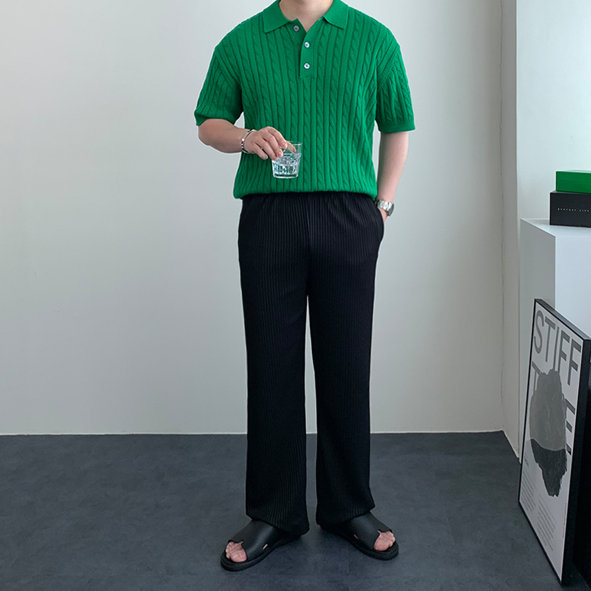 1+1 남자 플리츠 팬츠 여름 골지 주름 스판 얇은 와이드 팬츠 - 상세 이미지 3