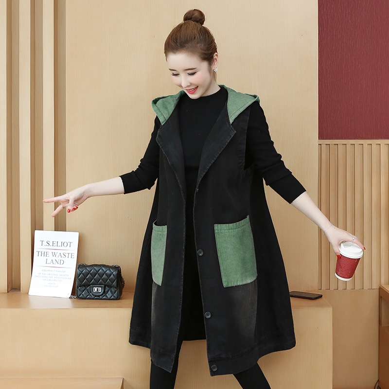 여성 빅사이즈 롱 후드 조끼 봄 여름 가을 청 데님 캐주얼 오버핏 : Chene