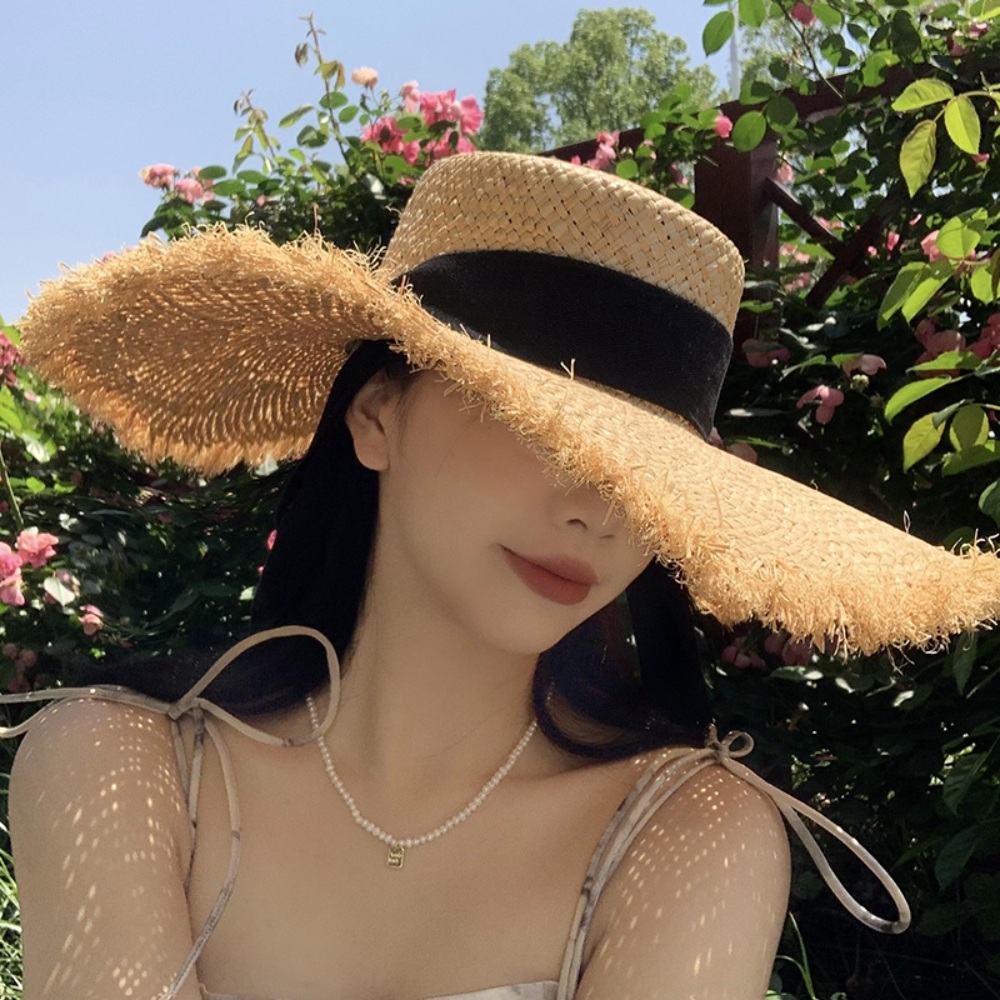 대형 챙 라피아햇 밀짚모자 여성 여름 해변 휴가 리본 비치 여자연예인 예능 코디 - 상세 이미지 2