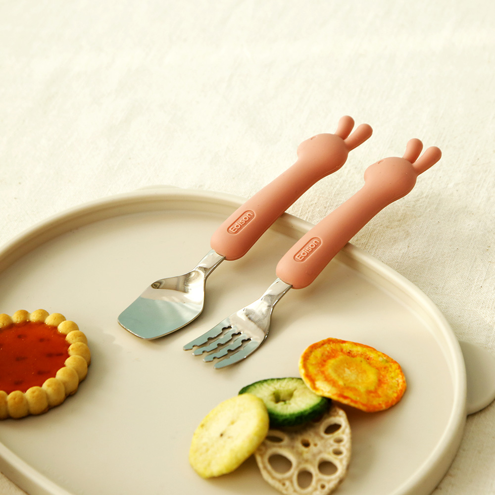에디슨 리뉴얼 이유식 스푼포크 실리콘 토끼핑크 베이비 유아 자기주도 이유식 준비물 제품 이미지