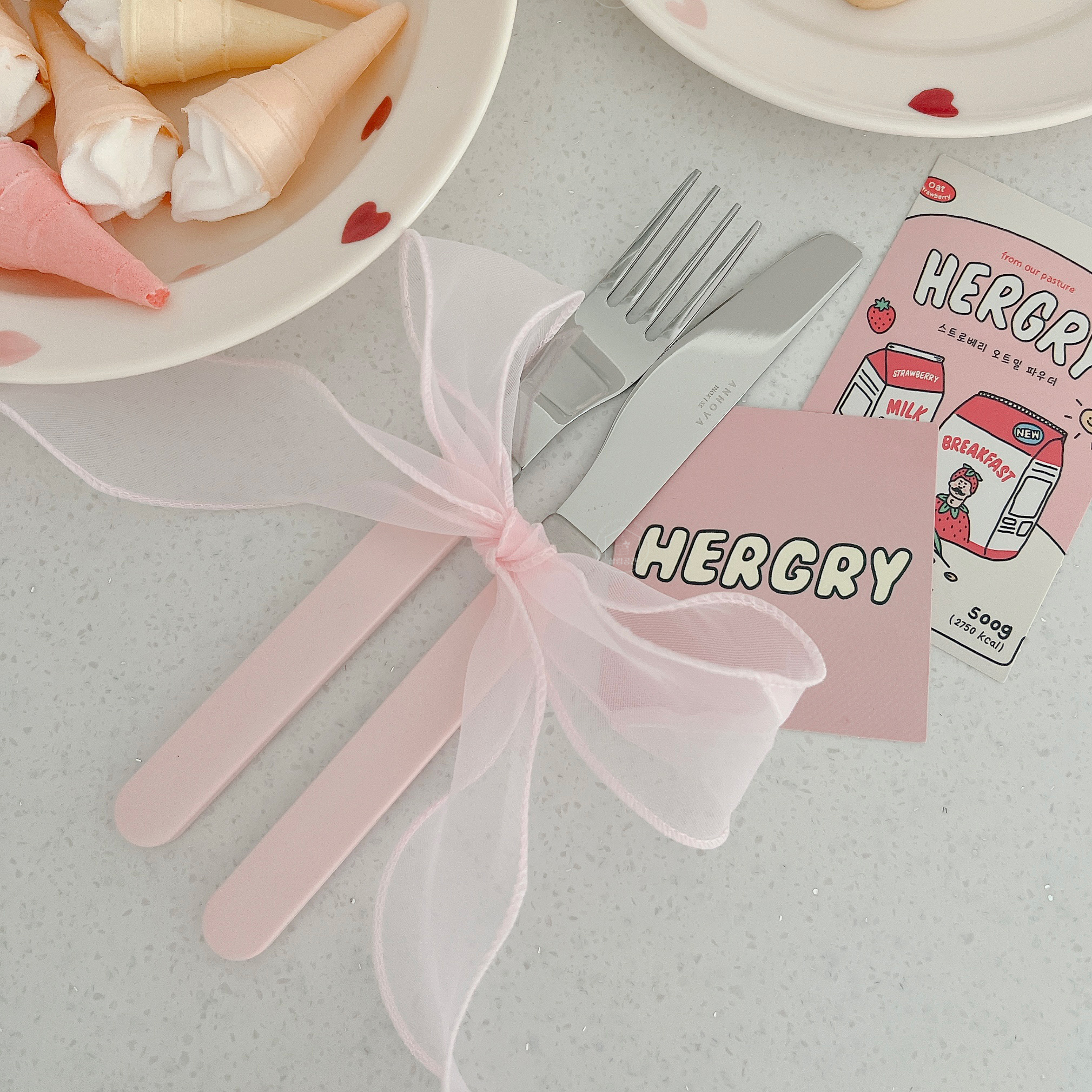 딸기크림 커트러리 세트 디저트 과일 핑크 포크 나이프 스푼 5종