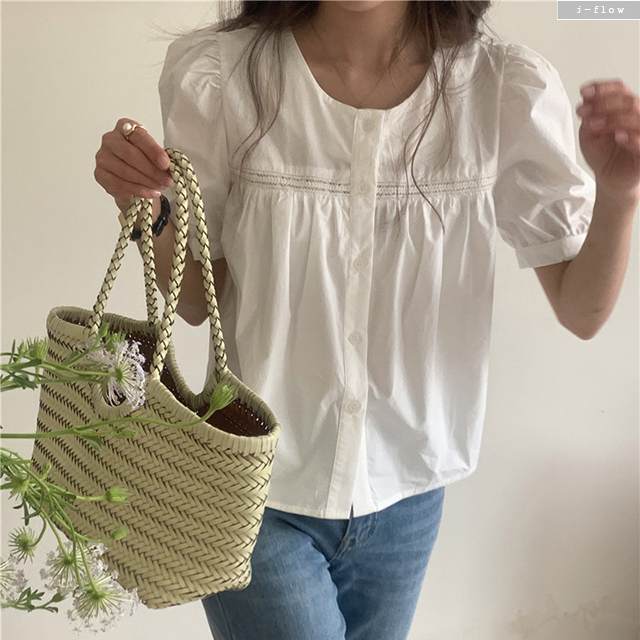 모스크 자수 버튼 퍼프 코튼 블라우스 (아이보리) 여름 라운드 루즈핏 스티치 제이플로우 이미지 6