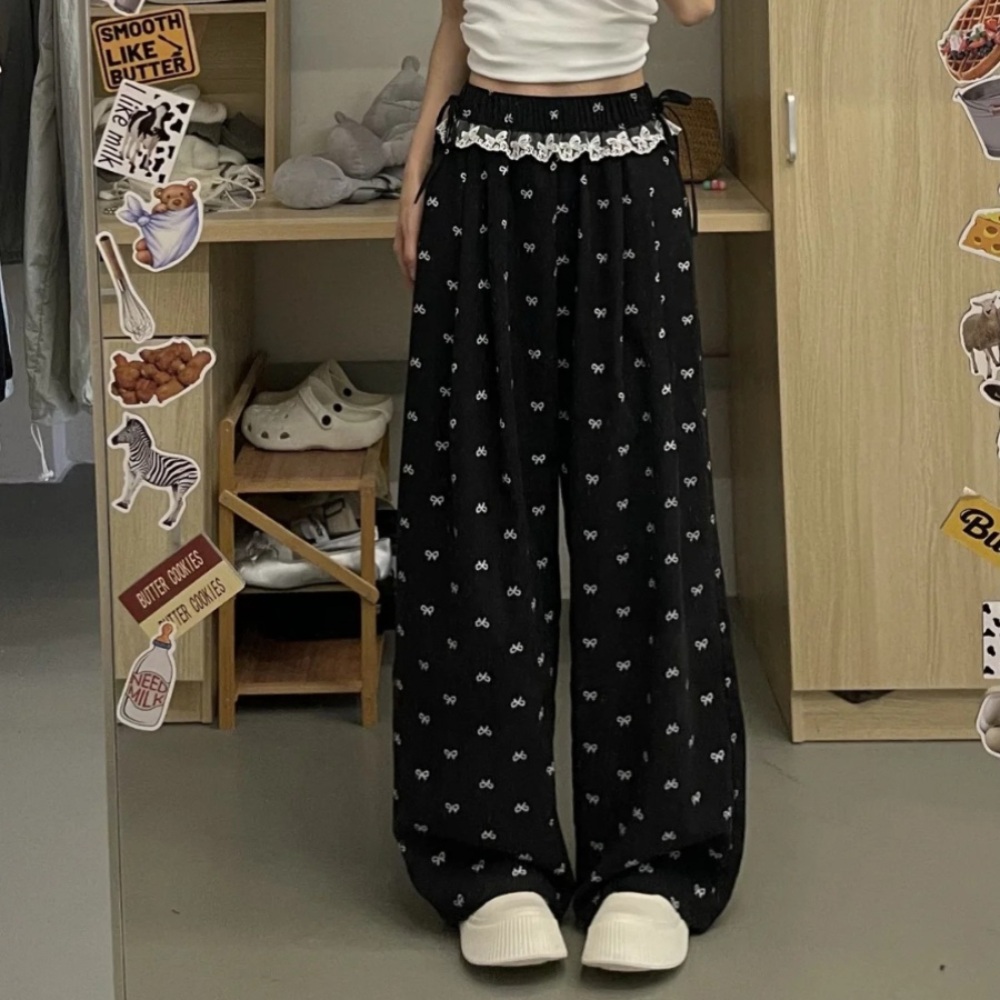 보우 레이스 바지 밴딩 와이드팬츠 잠옷같은 리본 패턴 루즈핏 캐주얼 Y2K 연예인 패션 - 상품 이미지