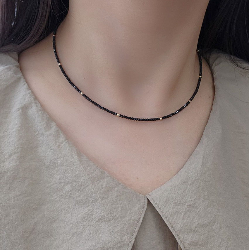 블랙 스피넬 원석목걸이 레이어드 초커 비즈 14k 골드 필드 볼