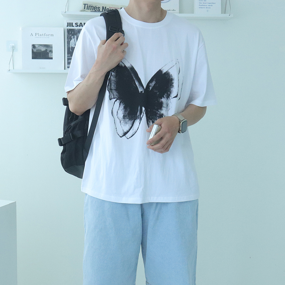 남성 반팔티 남자 오버핏 실켓 커플 면 프린팅 반팔티 - 상품 이미지