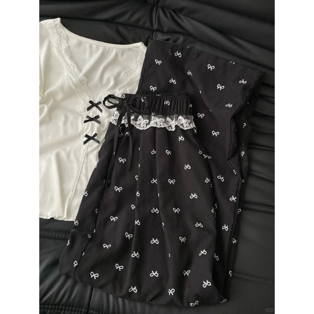 보우 레이스 바지 밴딩 와이드팬츠 잠옷같은 리본 패턴 루즈핏 캐주얼 Y2K 연예인 패션 - 상세 이미지 3