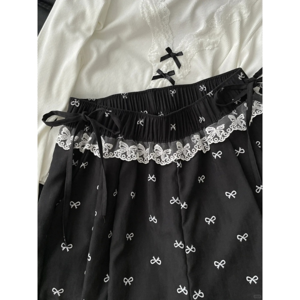 보우 레이스 바지 밴딩 와이드팬츠 잠옷같은 리본 패턴 루즈핏 캐주얼 Y2K 연예인 패션 - 상세 이미지 4