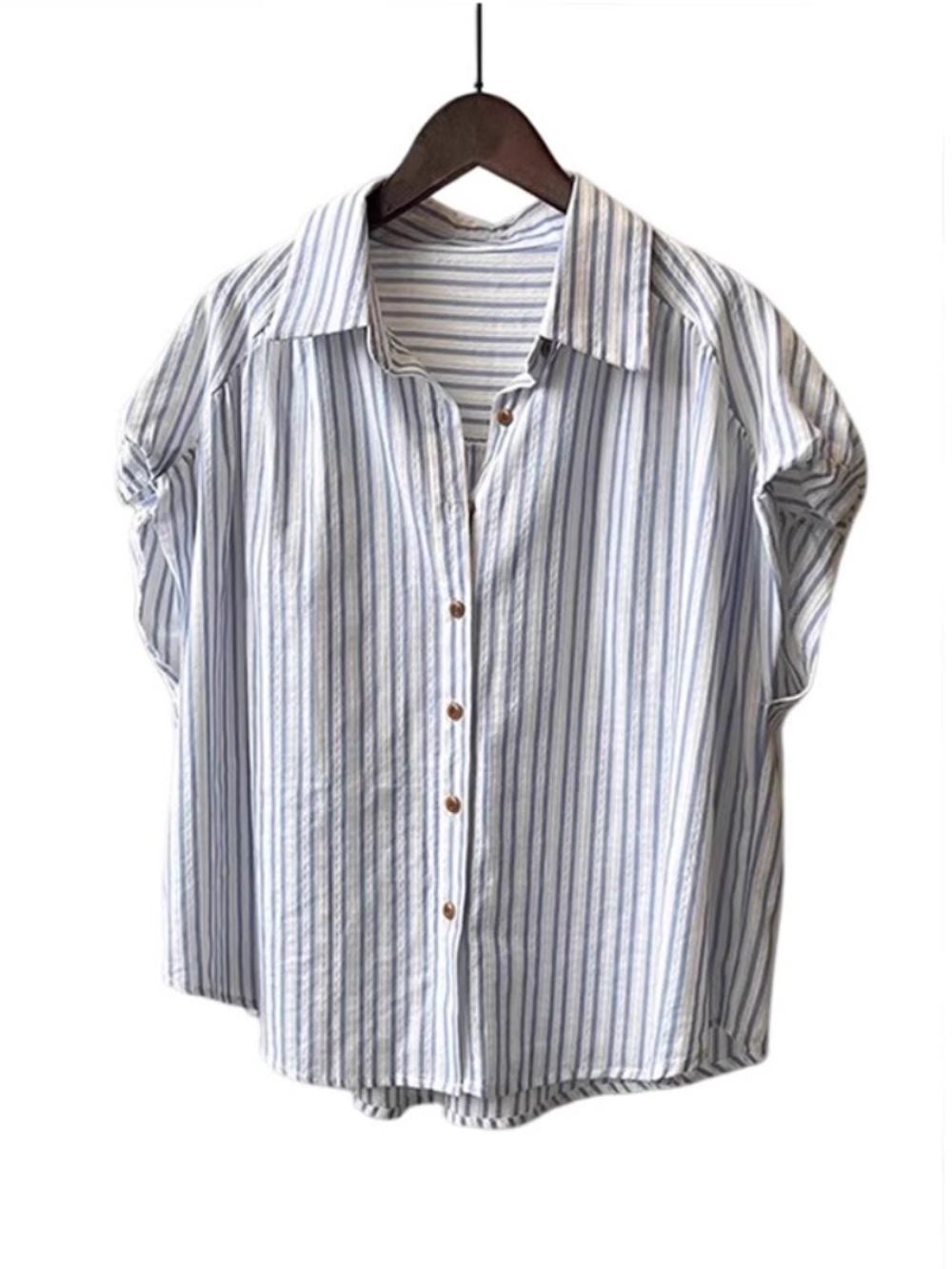 스트라이프 캡소매 셔츠 블라우스 블루 여배우 드라마 패션 코디 - 상세 이미지 5