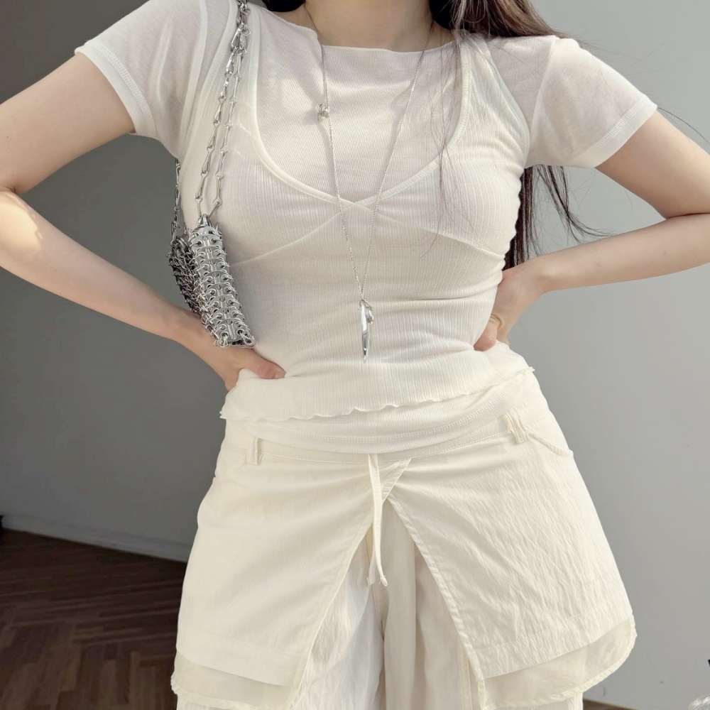 여성 뷔스티에 여름반팔티 나시 반팔 세트 여자 거즈 얇은 티 - 상품 이미지