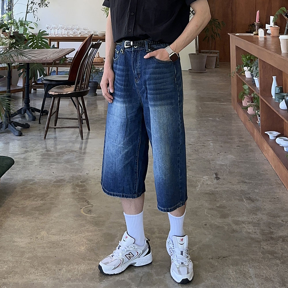 남자청반바지 데님반바지 진청 흑청 버뮤다 와이드 7부 청바지 팬츠 - 상품 이미지