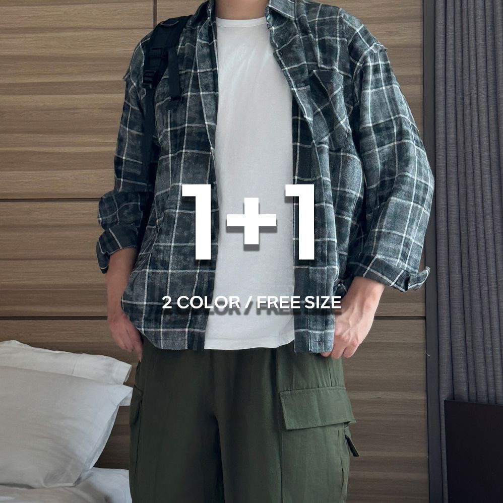 1+1 빈티지셔츠 워크셔츠 남자체크남방 - 메인 이미지