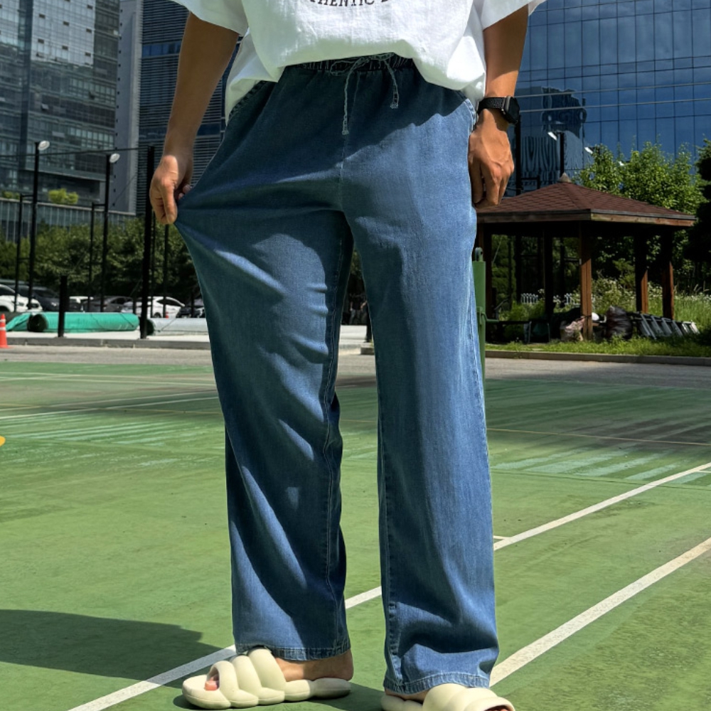 남자 데님 팬츠 여름 바지 와이드 팬츠 밴딩 팬츠 쿨링 팬츠