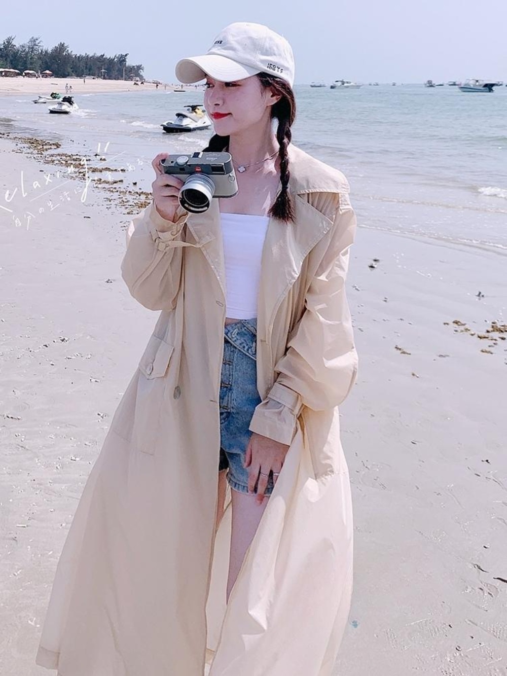 얇은 여름 트렌치코트 윈드브레이커 루즈핏 여자연예인 드라마 패션 화이트 아이보리 - 상품 이미지