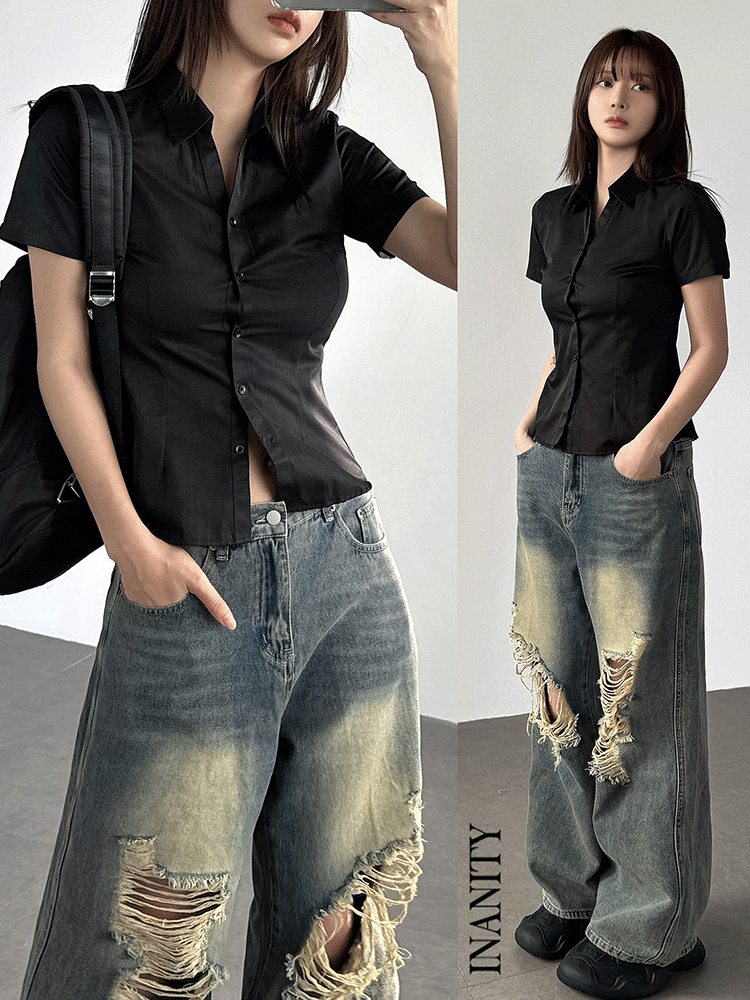 당출!!주문폭주ෆ[긱시크ෆ/3size] 무지 브이넥 카라 슬림핏 세미 롱 반팔 셔츠 3color 상세 이미지 3