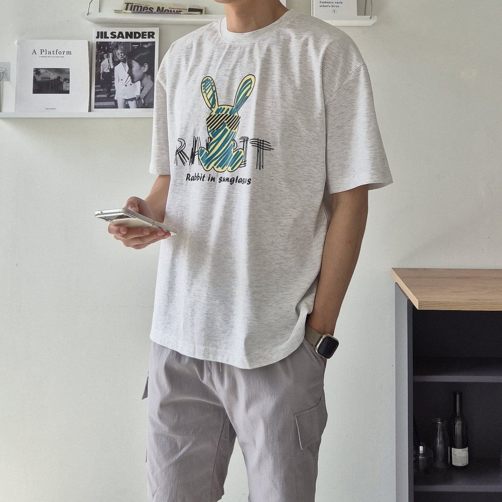 남자 오버핏 쿨 분또 토끼 프린팅 커플 여름 반팔티 남성반팔티 - 상세 이미지 3