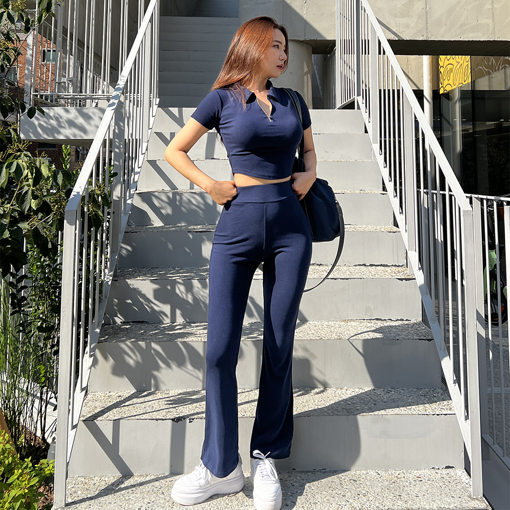 카라 지퍼 크롭티 부츠컷팬츠 트레이닝 투피스 세트 3color - 상세 이미지 3