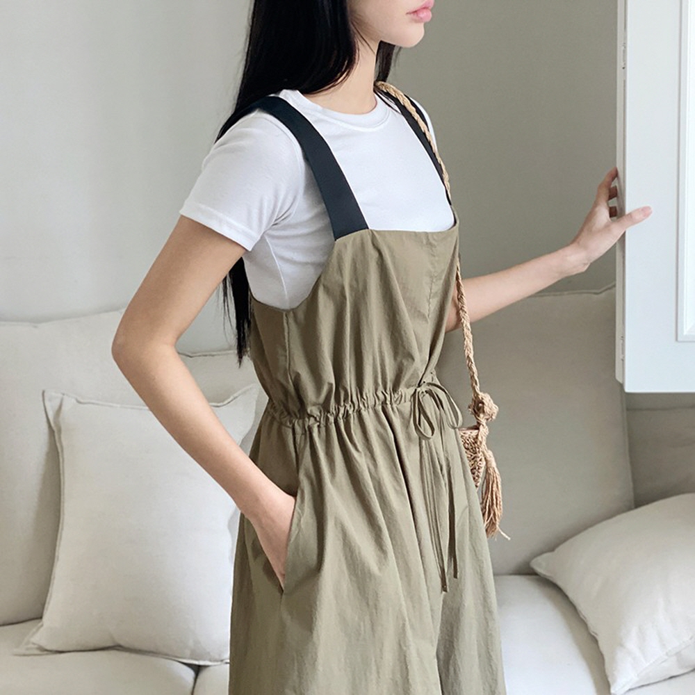 바스락 와이드 점프수트 여름 스트링 멜빵 아노락 키작녀 통바지 점프수트 팬츠 - 상세 이미지 5