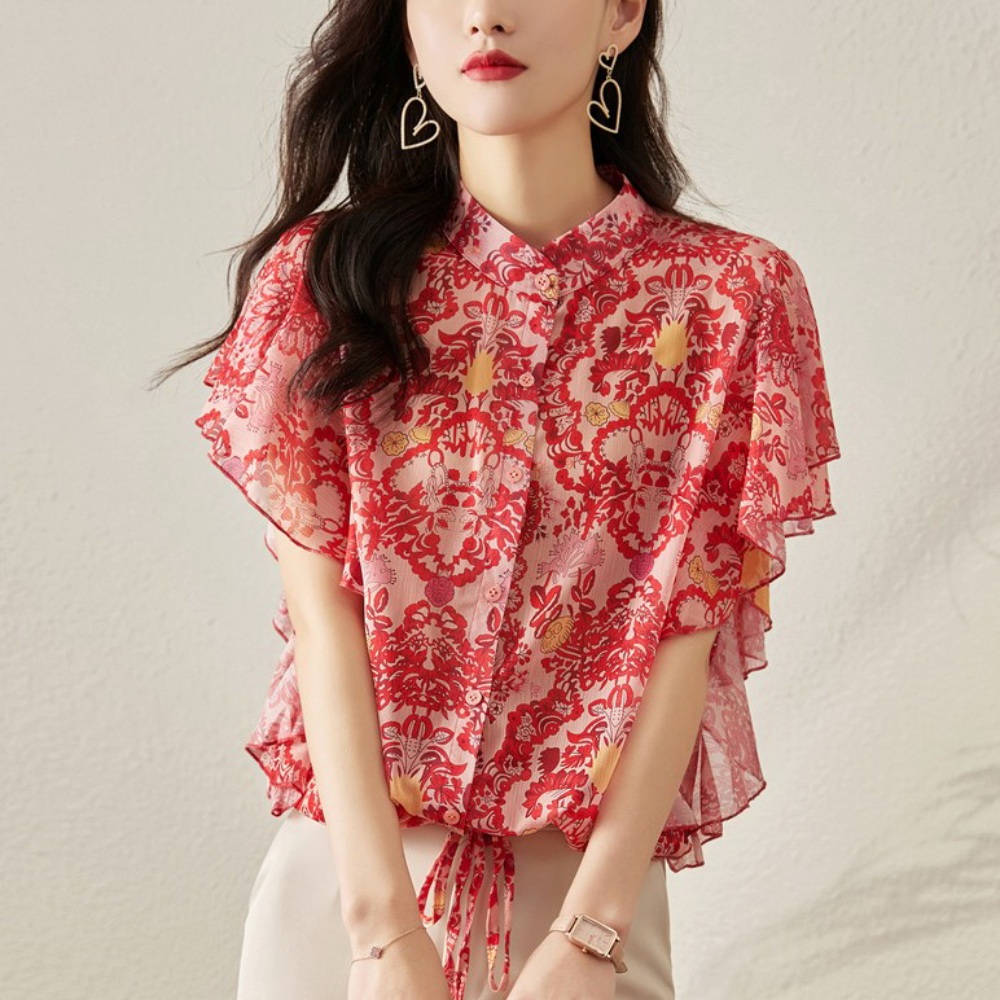 꽃무늬 쉬폰 블라우스 러플 프렌치 하객 수입 명품느낌 드라마 연예인 패션 옷 빅사이즈 - 상품 이미지