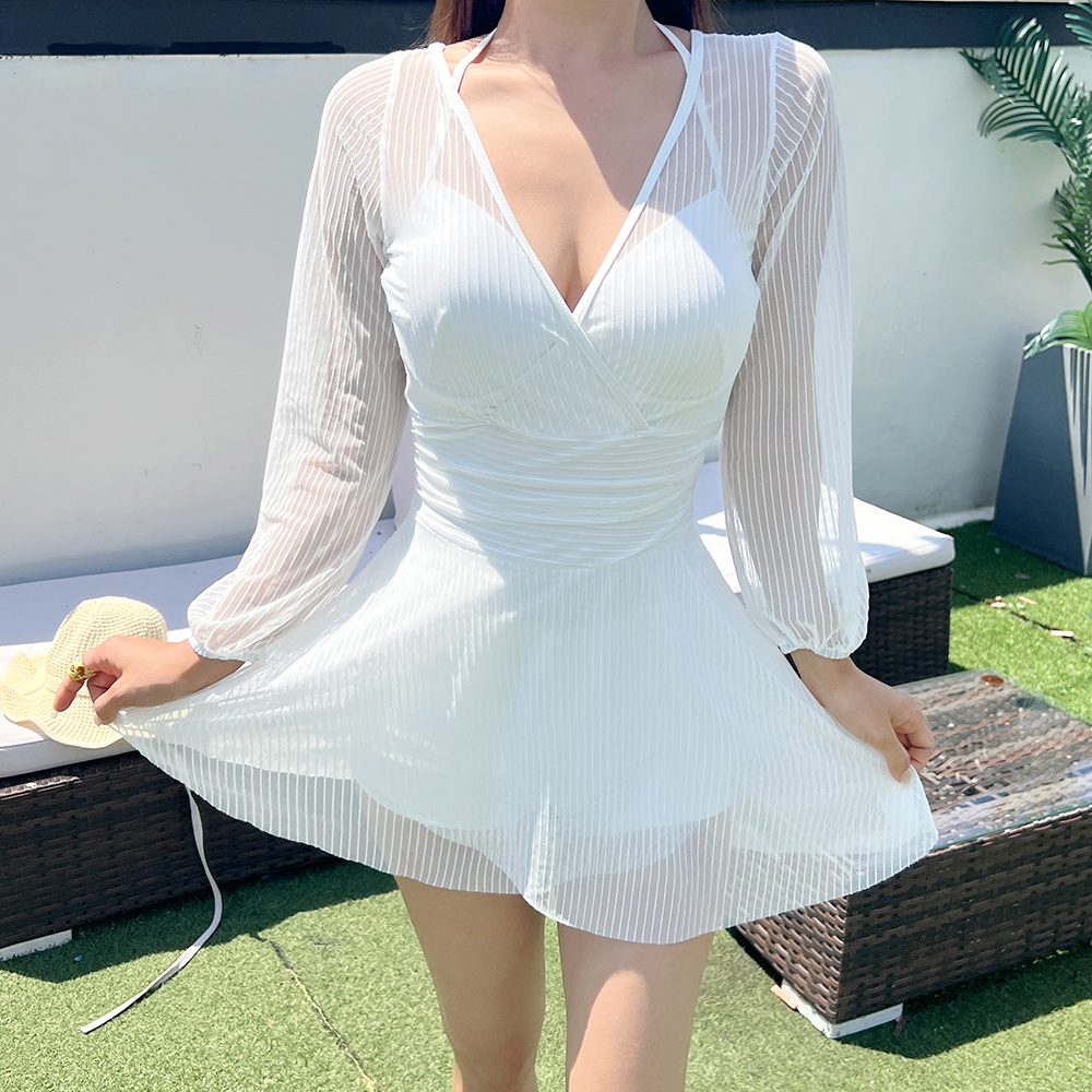이트 브이넥 홀터 시스루 망사 커버업 비치룩 원피스 수영복 - 상세 이미지 2