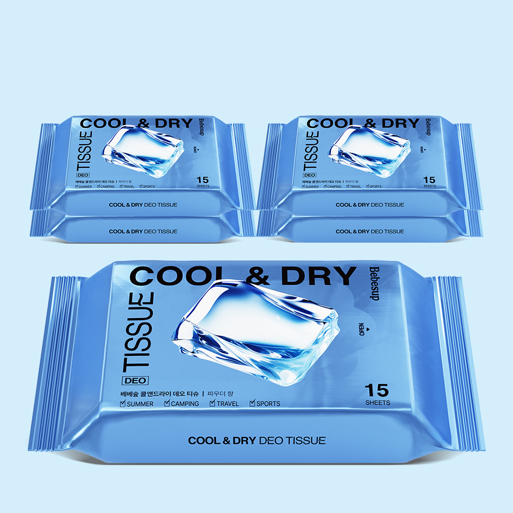 베베숲 쿨앤드라이 데오 티슈 15매 휴대 리필 5팩 파우더향 / 몸에 바르면 시원해지는 물티슈 / 쿨티슈, 캠핑템, 여행템