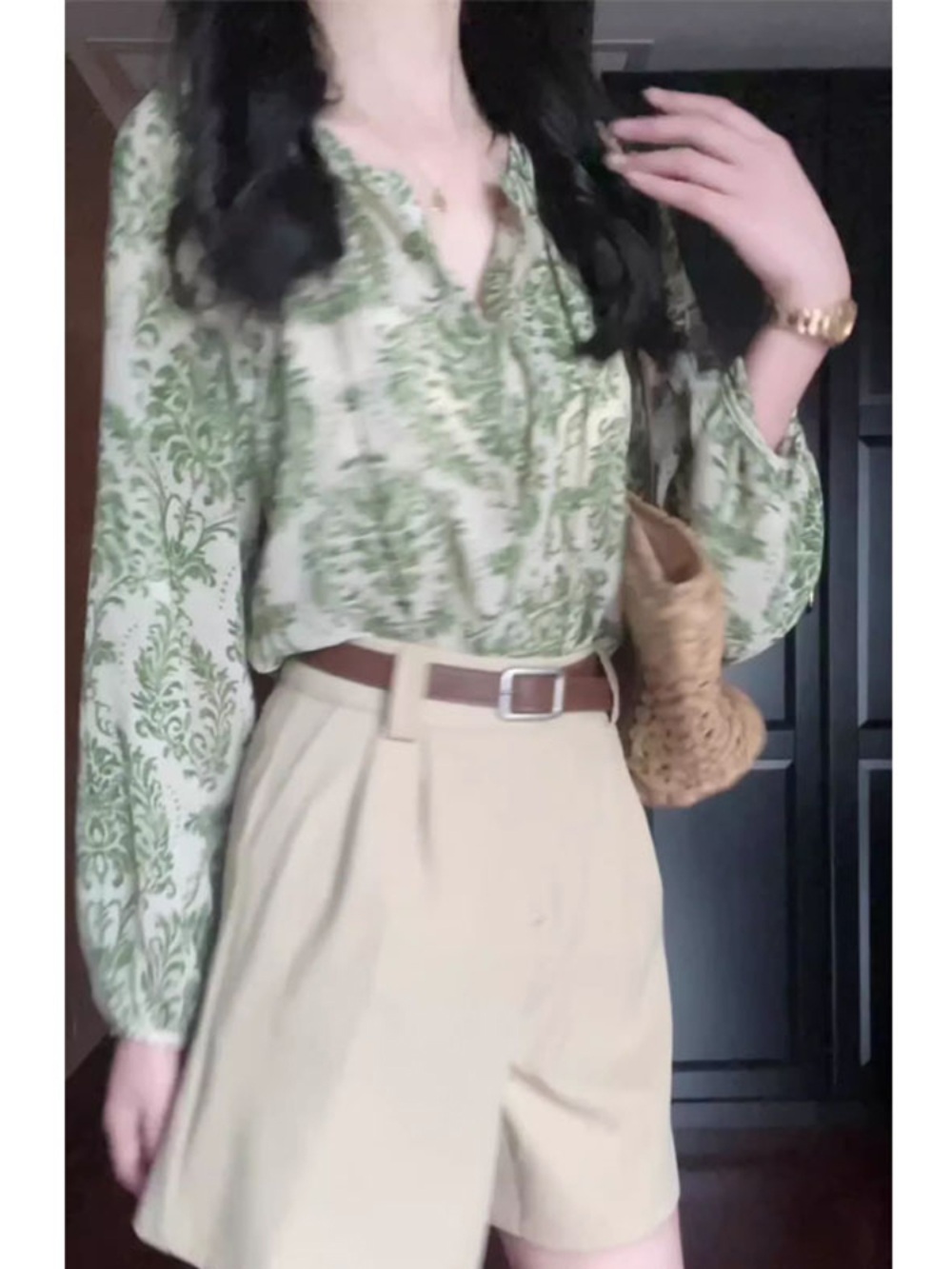 브이넥 빈티지 블라우스 녹색 나뭇잎 꽃무늬 패턴 쉬폰 여름 캐주얼 - 상세 이미지 2