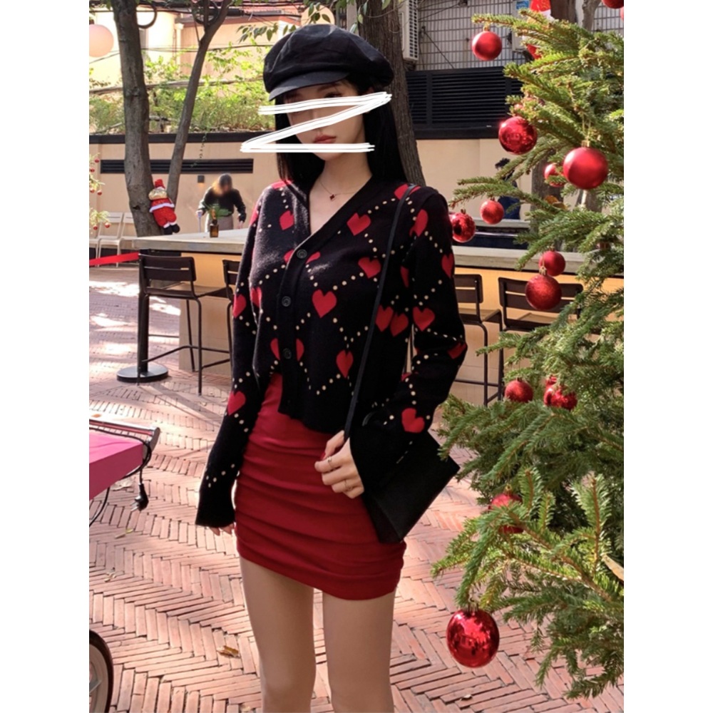 하트 브이넥 가디건 크롭 짧은 크리스마스느낌 예쁜 디자인 여자연예인 예능 패션 - 상세 이미지 4