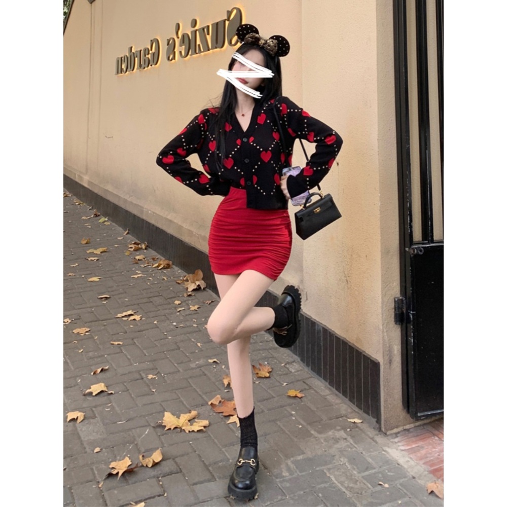 하트 브이넥 가디건 크롭 짧은 크리스마스느낌 예쁜 디자인 여자연예인 예능 패션 - 상세 이미지 2