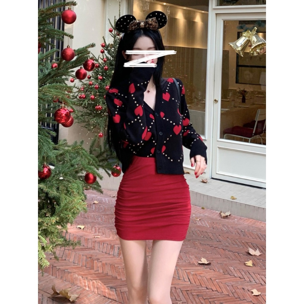 하트 브이넥 가디건 크롭 짧은 크리스마스느낌 예쁜 디자인 여자연예인 예능 패션 - 상세 이미지 5