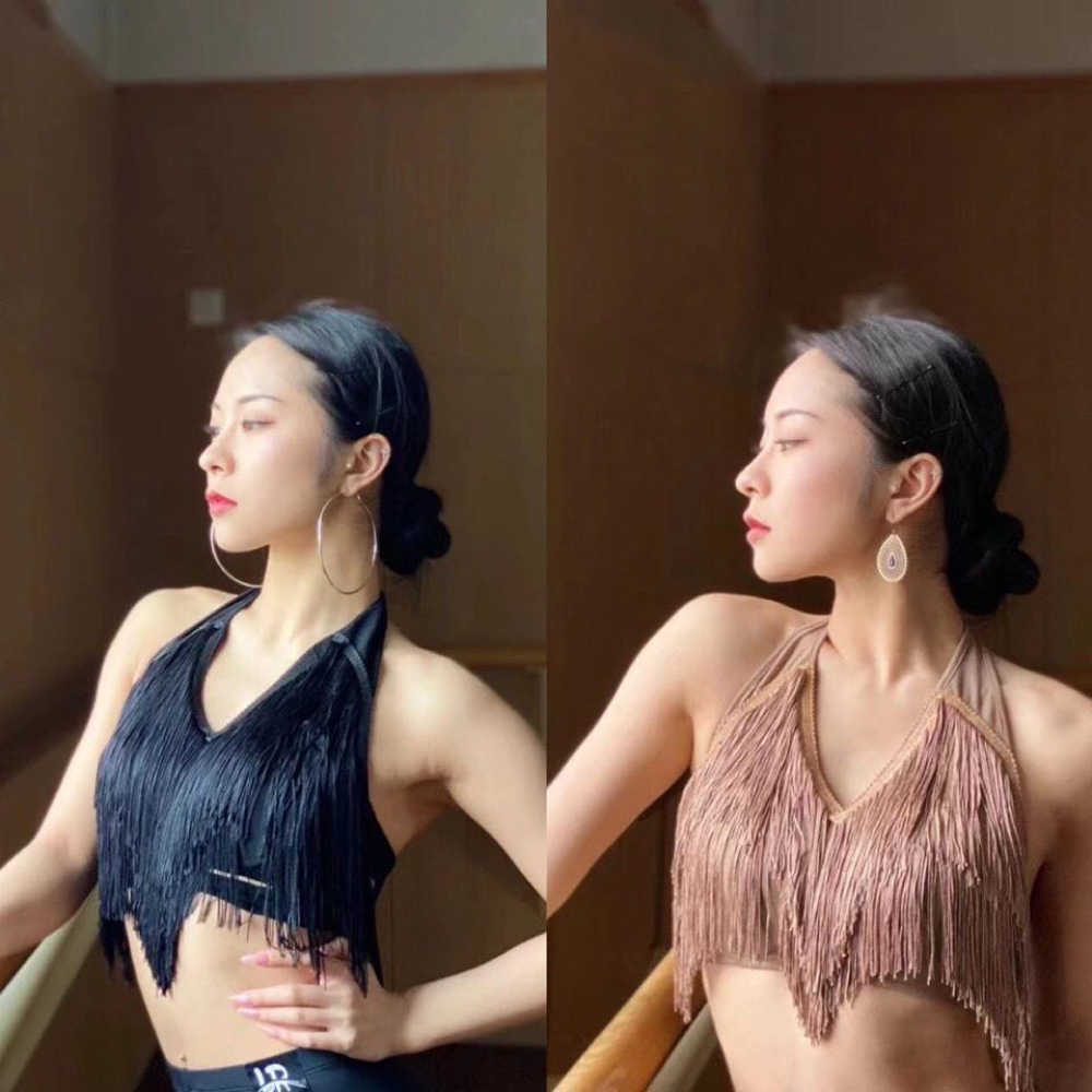 라틴댄스 홀터넥 테슬 탑 탱고 라인 스포츠댄스 상의 - 상품 이미지