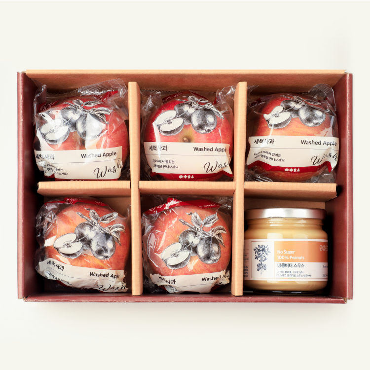 과일도감 사과 땅콩버터 선물세트 (세척사과 5입 + 땅콩버터 스무스 200g) 100% 땅콩잼 저칼로리 무가당 무설탕잼