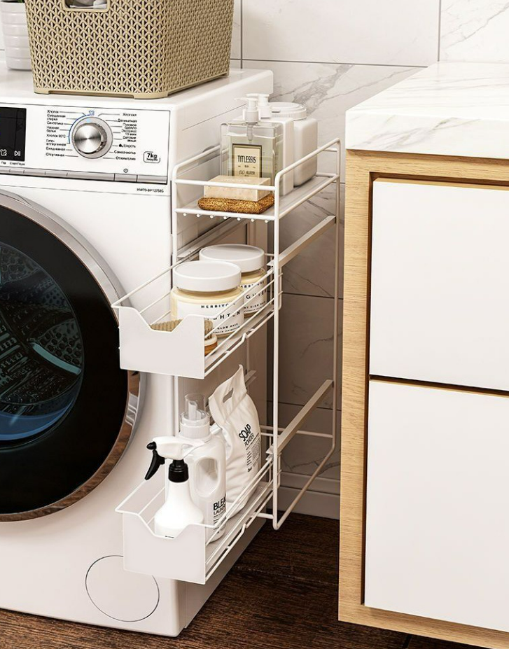 라슈에뜨 무타공 세탁기 옆 틈새 공간 활용 다용도 철제 자석 슬라이딩 수납 선반 3단