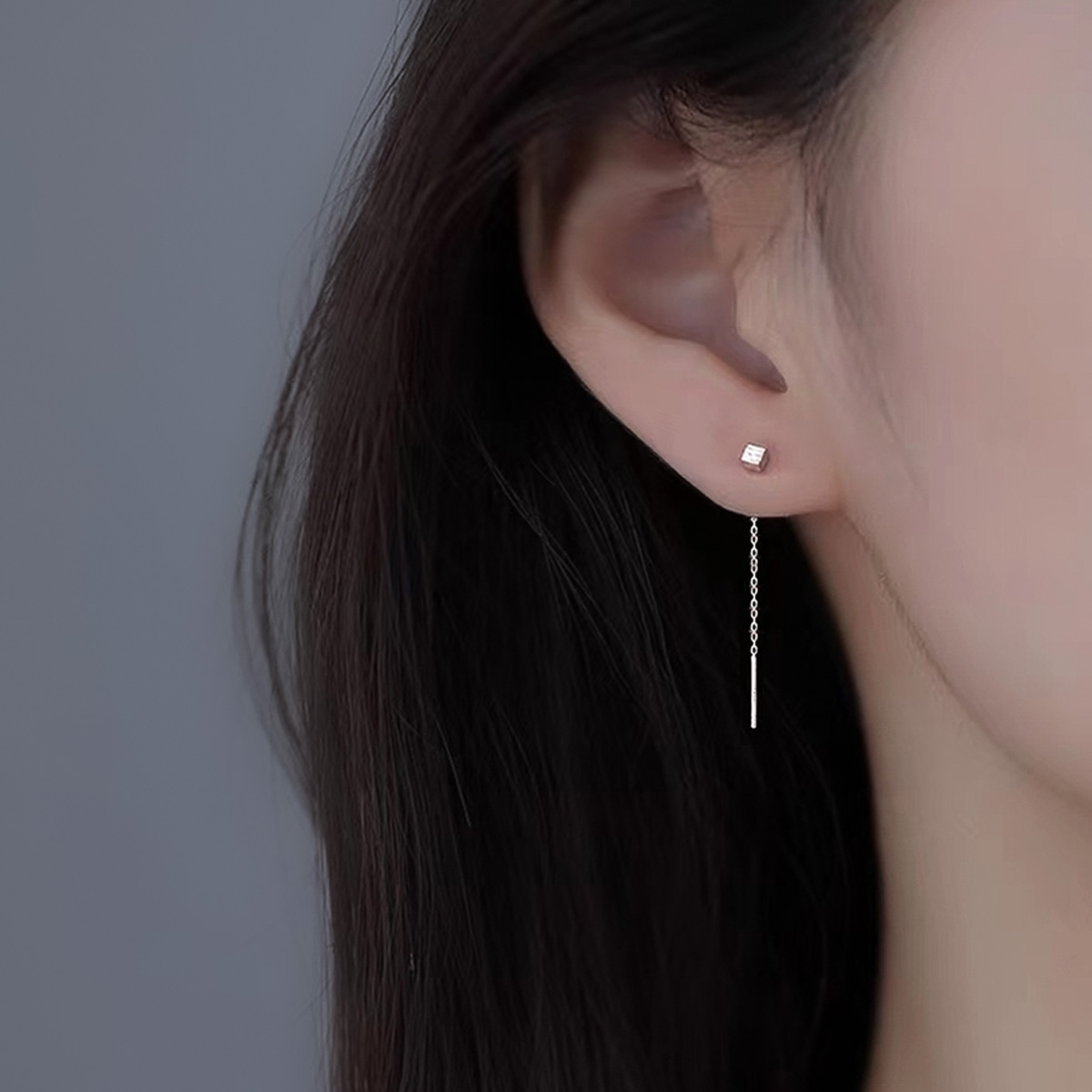 스퀘어 미디 드롭 귀걸이 [실버] N373 - 상품 이미지