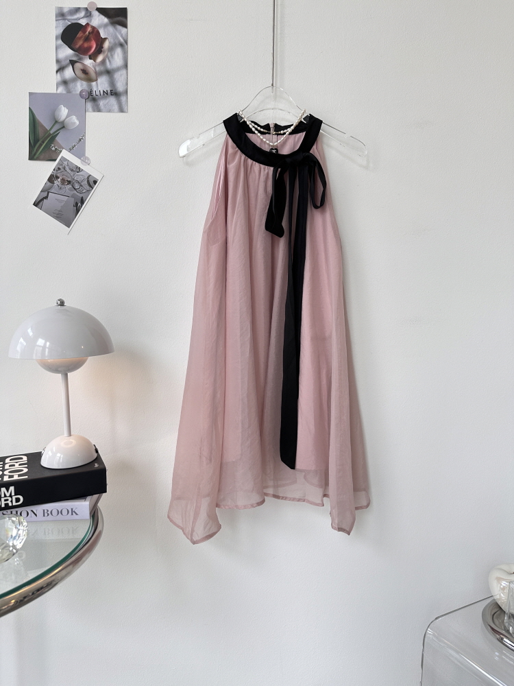 오간자 쉬폰 블랙 리본 홀터 미니 원피스 - 상품 이미지