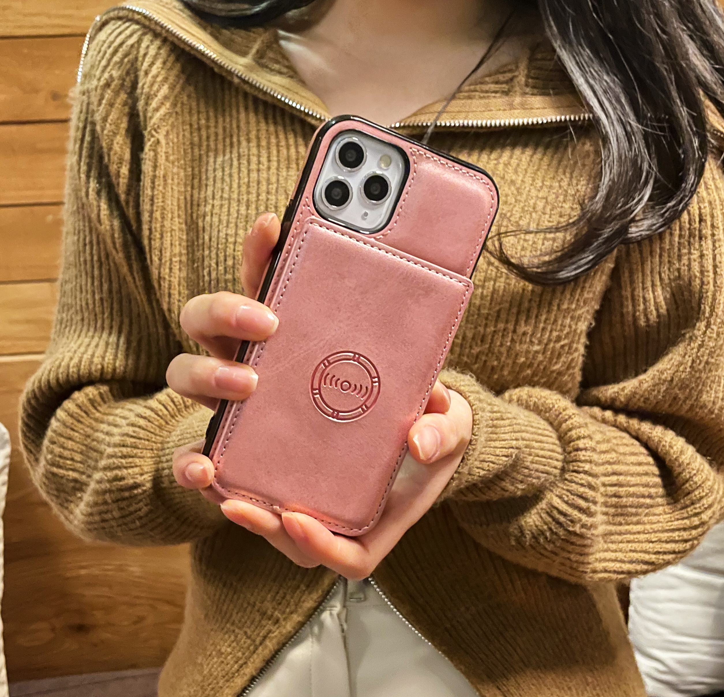 카드 케이스 가죽 지갑 범퍼 카메라보호 핑크, 아이폰13 미니 - 상세 이미지 5