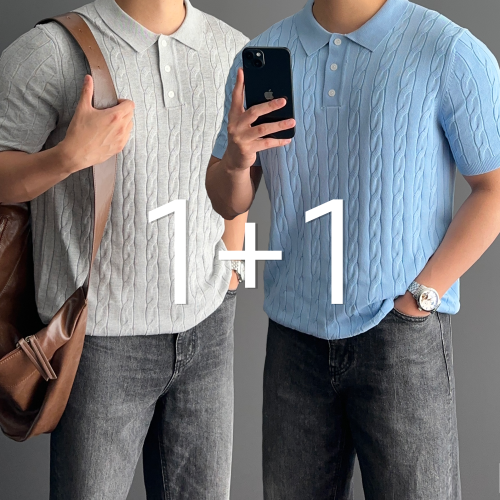 1+1 니트카라티 남자꽈배기반팔니트 - 상품 이미지