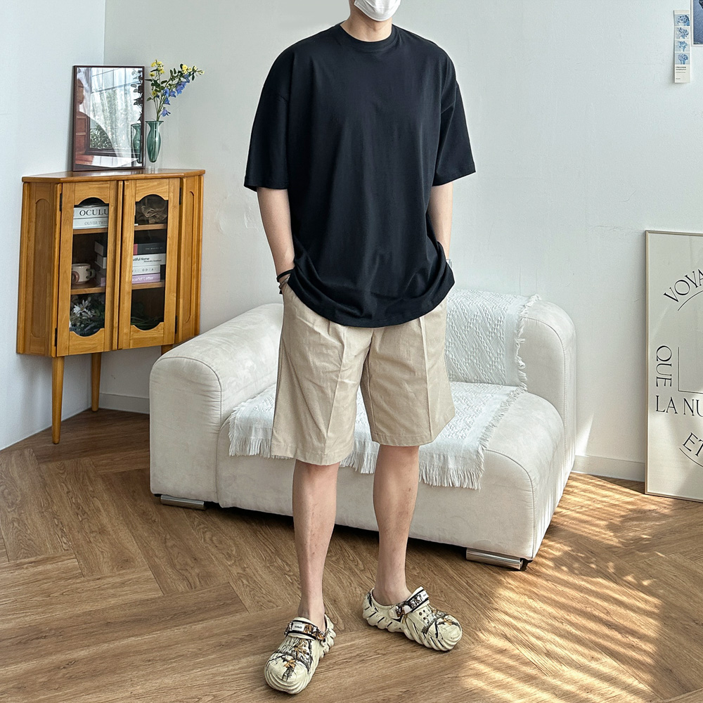 남자 러프 린넨 워싱 원턱 와이드 스판 밴딩 5부 반바지 5color - 상세 이미지 4
