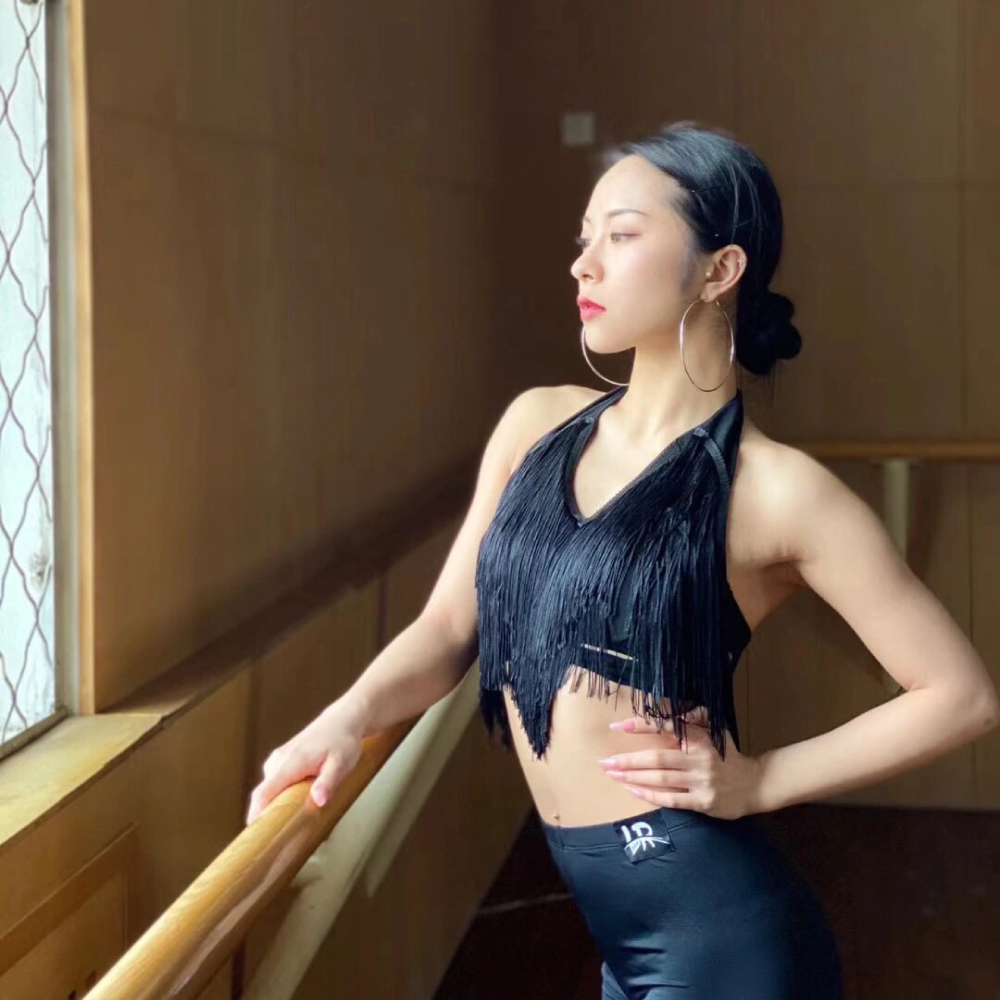 라틴댄스 홀터넥 테슬 탑 탱고 라인 스포츠댄스 상의 이미지 6