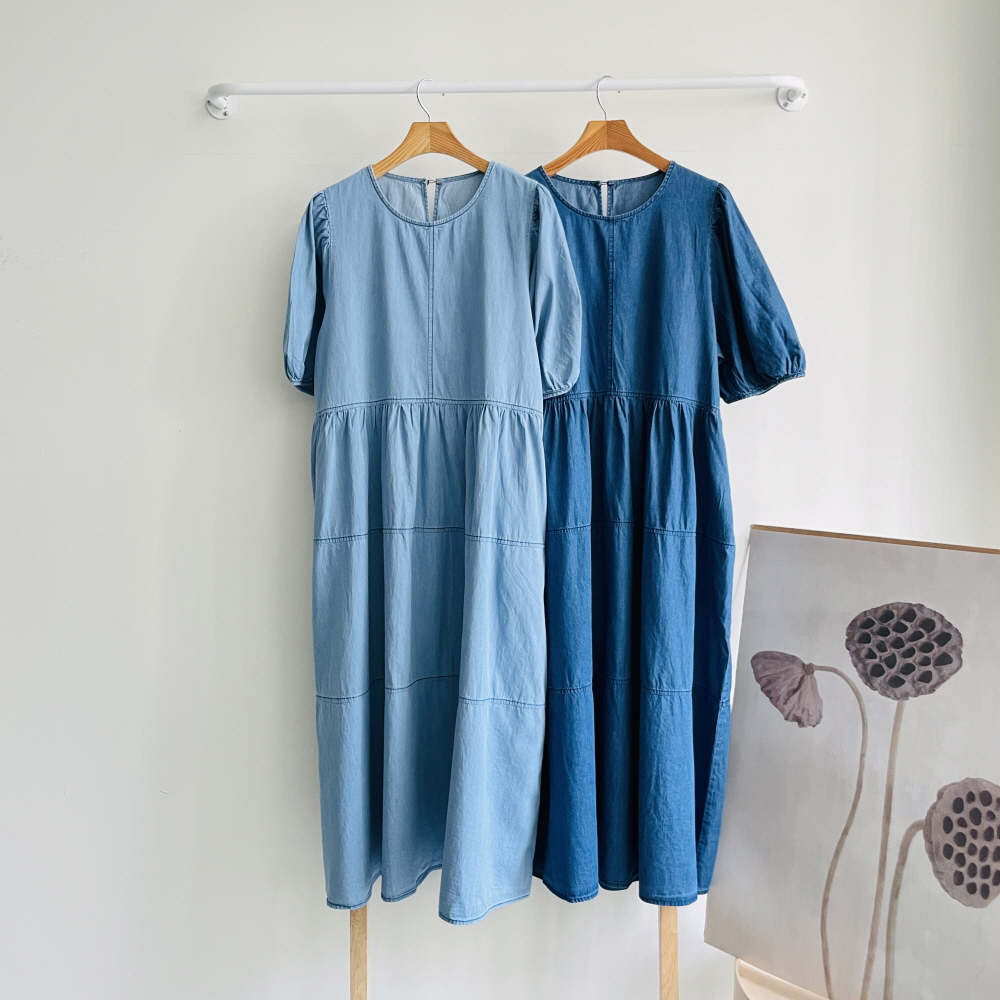 데님롱원피스 캉캉 퍼프소매 A라인 반팔 롱 원피스