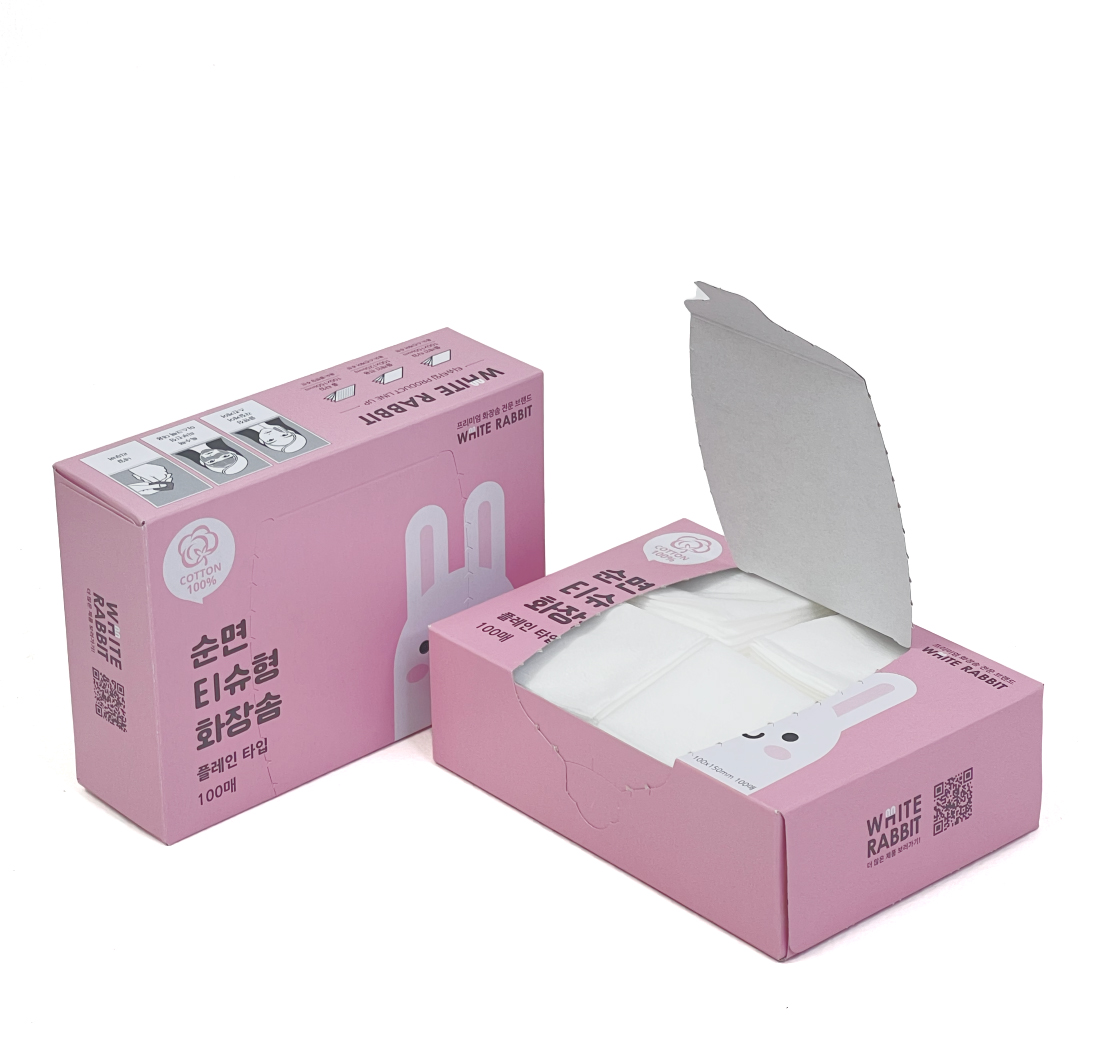 화이트래빗 순면100% 티슈형 화장솜 플레인/홀타입 (100매) 스킨팩 닦토 아기 국산 이미지 2