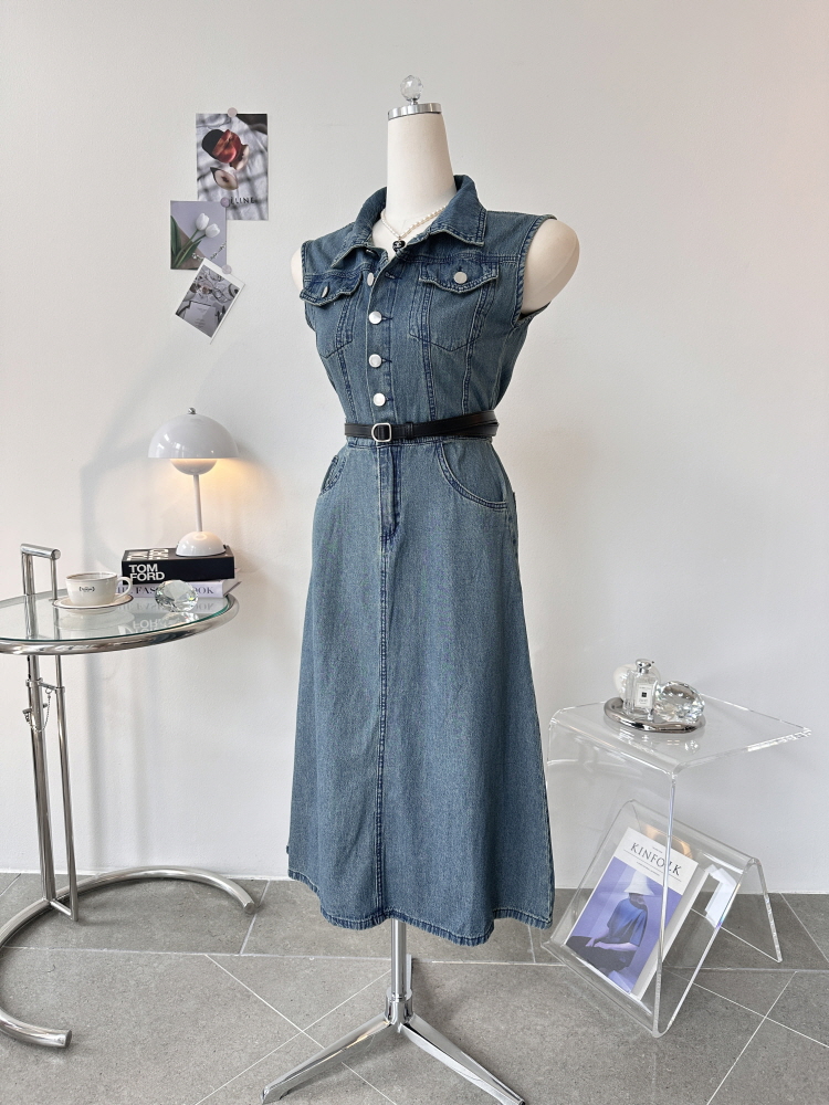 포켓 나시 민소매 뒷밴딩 벨트 여름 데님 롱 원피스