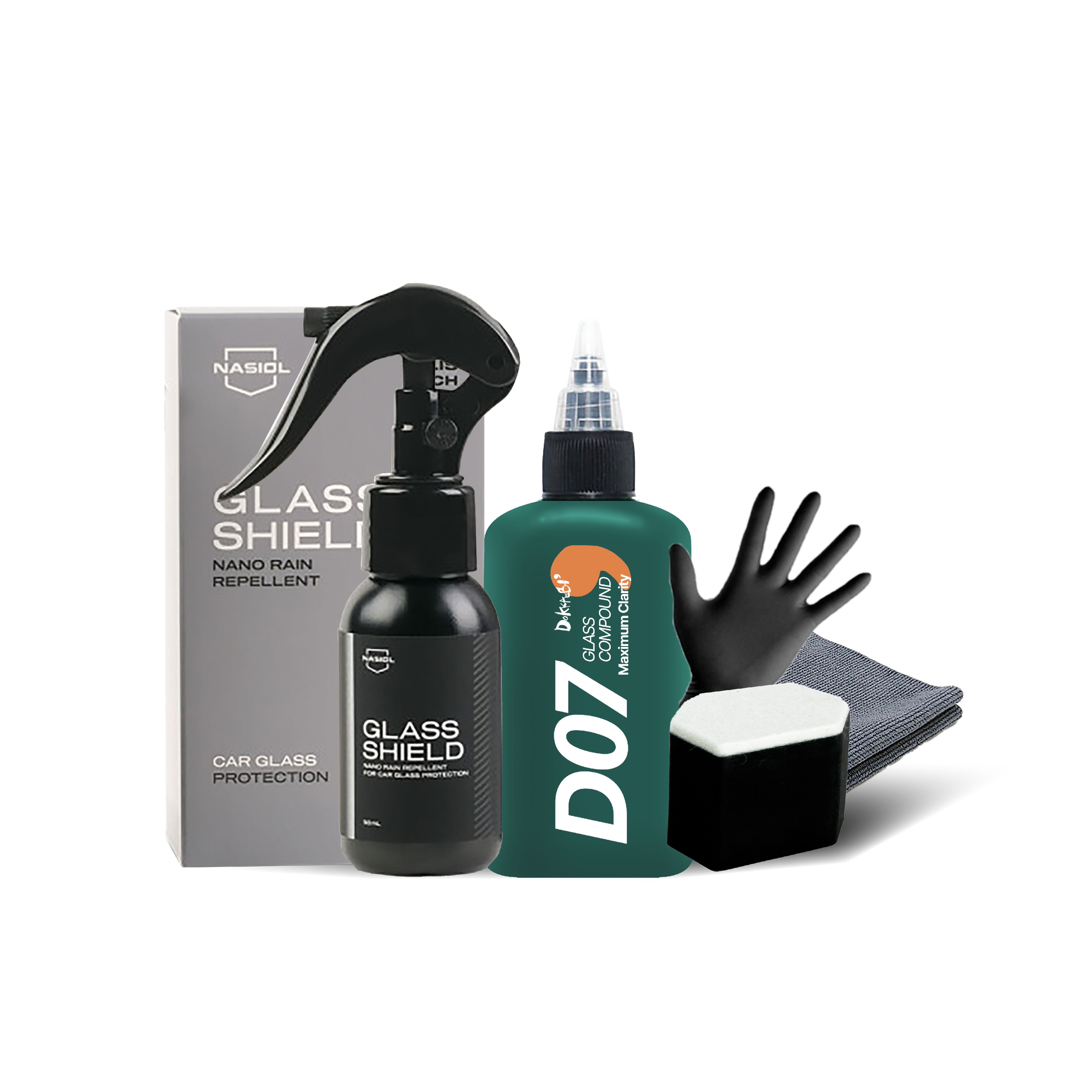 유리관리세트 도깨비 D07 유막제거제 100ml+나지올 글라스쉴드 유리발수코팅제 타월 장갑 어플 세트