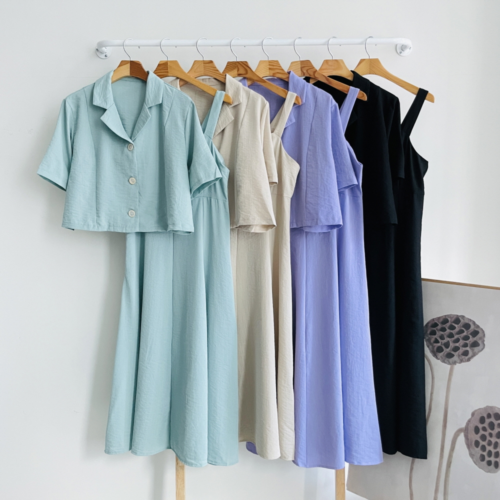 여름 하객 결혼식 원피스 여성 나시 슬리브리스 원피스 크롭 반팔 자켓 투피스 세트