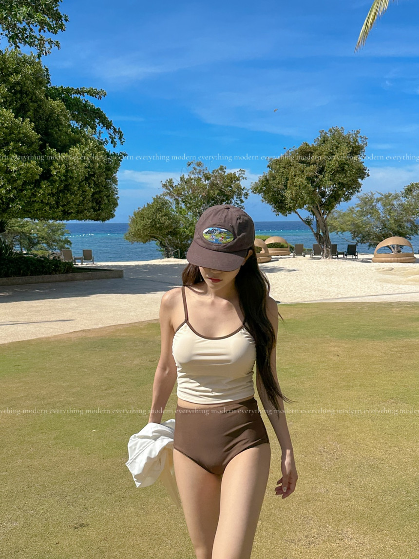 🌴뱃살쏙/M-3XL 하이웨스트 배색 커버업 비키니 유교걸 휴양지 투피스 빅사이즈 수영복 상세 이미지 10