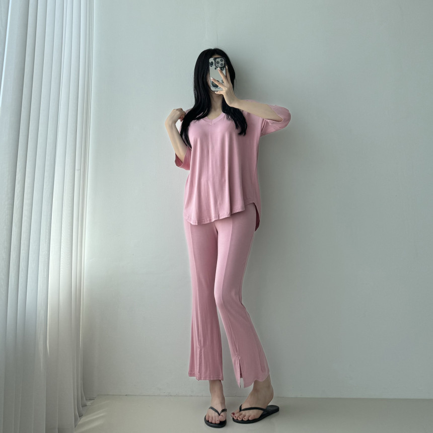 [당일발송🦄💙]찰랑찰랑 부츠컷 투피스 4color 셋업 밴딩팬츠 꾸안꾸 마실룩 홈웨어 레이온 브이넥 반팔 여름 썸머 상세 이미지 29